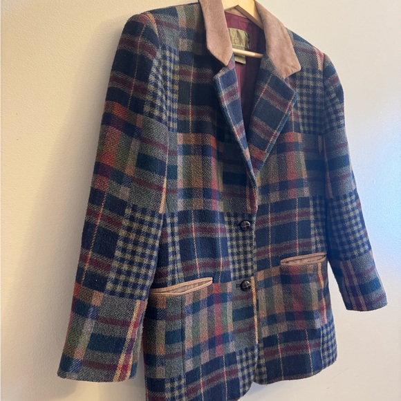 Plaid Patch Wool Vintage Blazer with Suede Collar - Picture 2 of 5